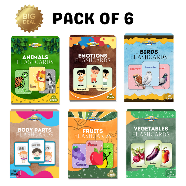 Flash Card Pack of 6 | Educational & Stem Toy | Easy Learning Fun | Fruits, Emotions, Vegetables, Animal, Birds, Body Parts | Birthday Gift For Kids | Made In India