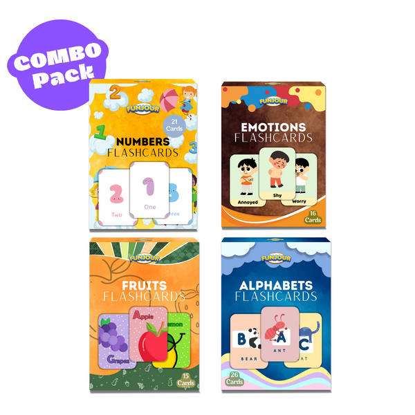 Flash Card Pack of 4 | Educational & Stem Toy | Easy Learning Fun | Alphabets, Numbers, Fruits, Emotions | Birthday Gift For Kids | Made In India